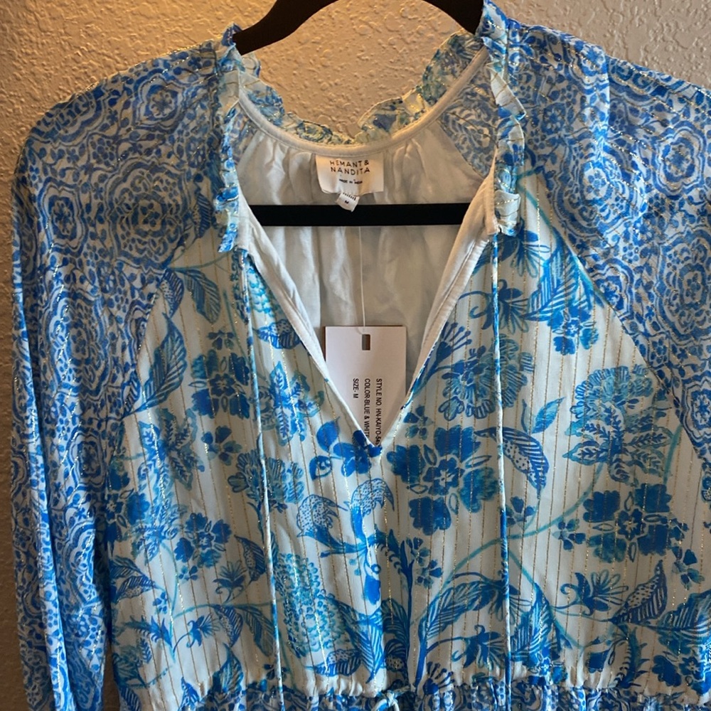 HEMANT & NANDITA Blue and White Ruffled Tiered Dress/NWT - Picture 4 of 12